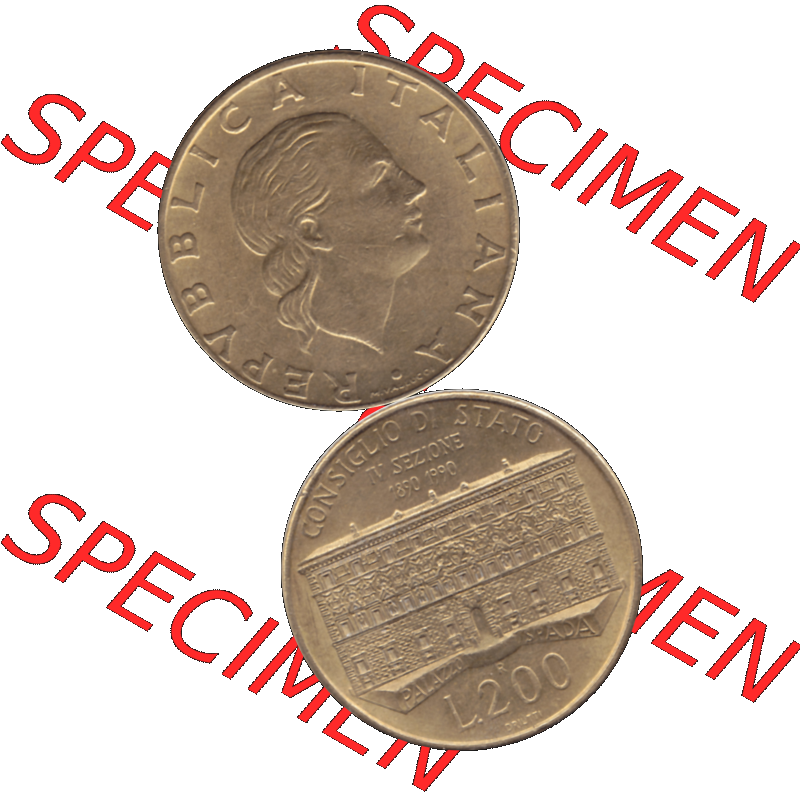 Bildmaterial einer Münze aus Italien / Italia als PNG-Grafik 1990-1990, 200 Lire Gründung von Staatsrat 1990-01. Vorderseite und Rückseite vertikal untereinander auf einen... Sammlung