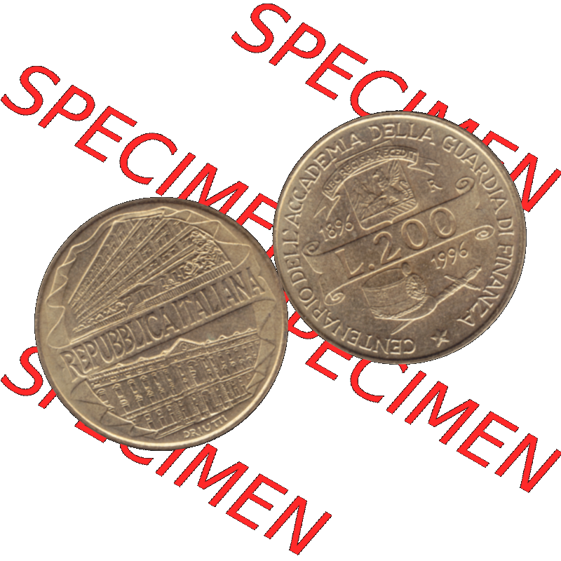 Bildmaterial einer Münze aus Italien / Italia als PNG-Grafik 1996-1996, 200 Lire Zollakademie 1996-01. Vorderseite und Rückseite horizontal auf einen digitalen Bild einer alten... Sammlung