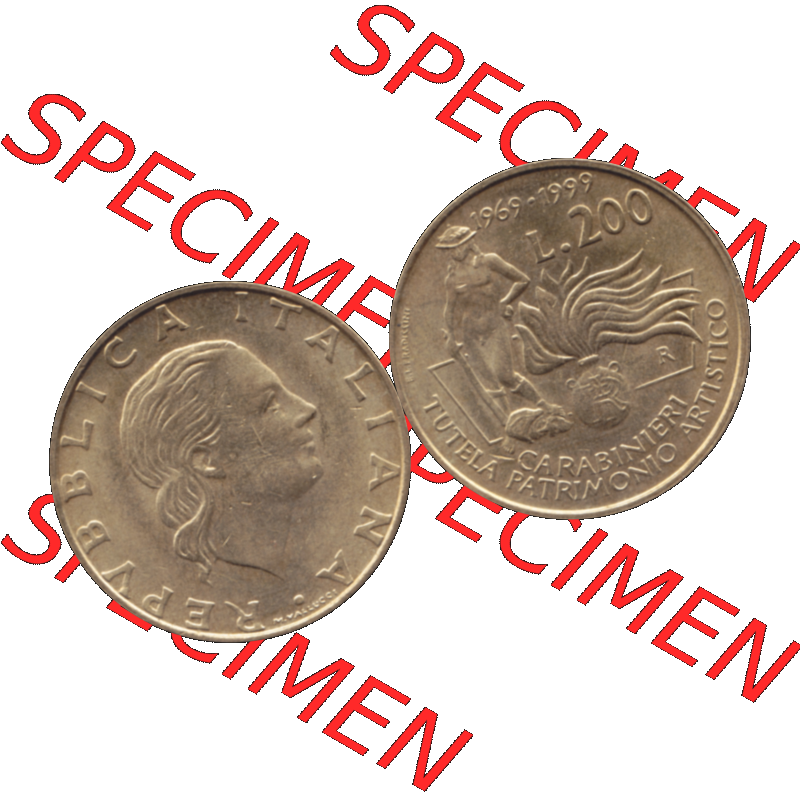Bildmaterial einer Münze aus Italien / Italia als PNG-Grafik 1999-1999, 200 Lire Carabinieri, Schutz der Kunsterbe 1999-01. Vorderseite und Rückseite horizontal auf einen... Sammlung