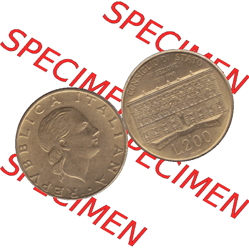 Bildmaterial einer Münze aus Italien / Italia als PNG-Grafik 1990-1990, 200 Lire Gründung von Staatsrat 1990-01. Vorderseite und Rückseite horizontal auf einen digitalen... Sammlung