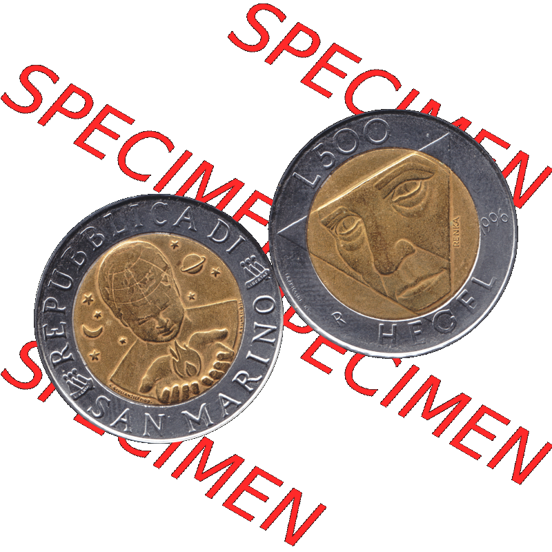 Gedenkmünzen aus San Marino, in PNG 1996-1996, 500 Lire Die Künste 1996-01. Vorderseite und Rückseite horizontal auf einen digitalen Bild der alten Gedenkmünze aus... Sammlung