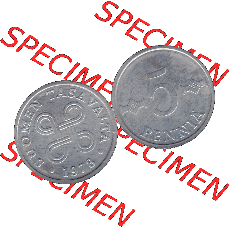 Alte Münzen KMS Finnland, Kursmünzensatz 1978 in Stempelglanz als digitales Computerbild einer finnischen digitalisierten Münze in transparenten PNG 1977-1990, 5 Penny,... Sammlung