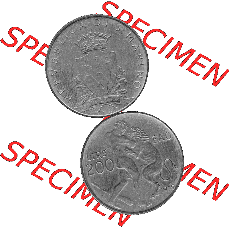 Bildmaterial Münzensatz / KMS 1979 aus San Marino in Graustufen 1979-1979, 200 Lire, L.200, J. V. LIBERTAS REPVBBLICA DI S. MARINO, 1979 L.200... Sammlung