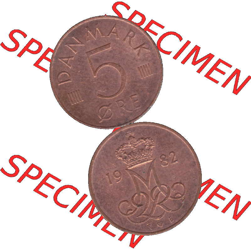 Alte Münze aus Dänemark als PNG-Grafik 1982-1988, 5 Öre 1982 Kursmünzen-01. Vorderseite und Rückseite vertikal auf einen digitalen Bild der alten dänischen Umlaufmünze... Sammlung