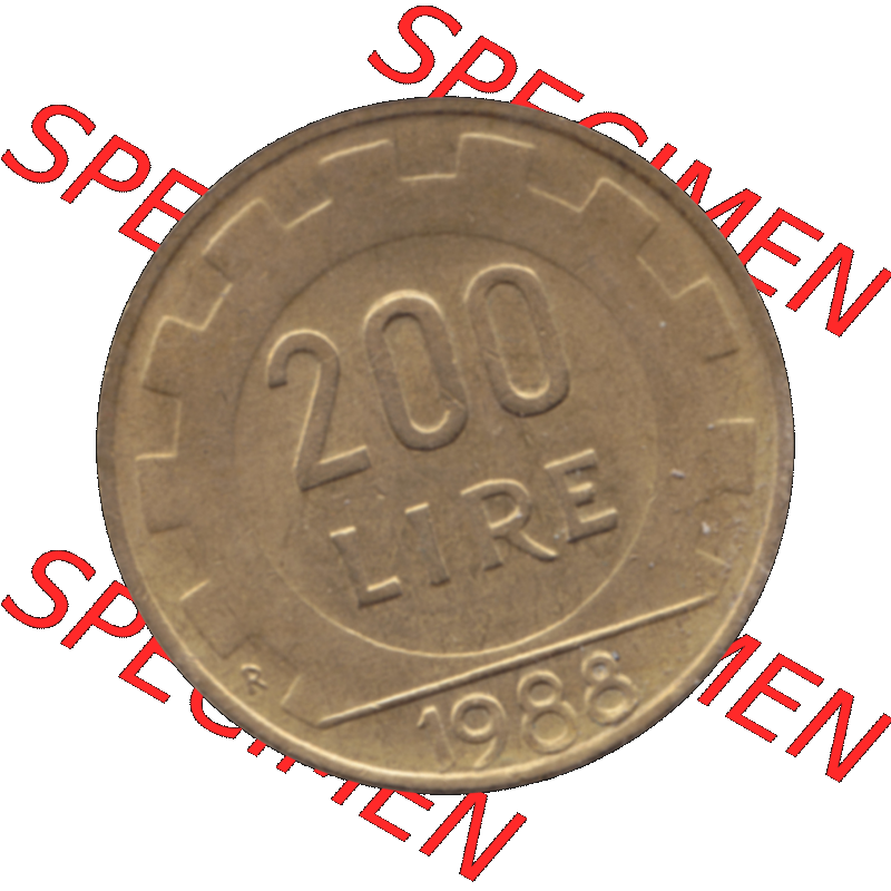 Bildmaterial einer Münze aus Italien / Italia als PNG-Grafik 1977-2001, 200 Lire, Zahnrad 1988-01. Rückseite einer alten italienischen 200 Lire Gedenkmünze,... Sammlung