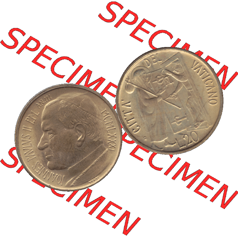 Alte Münze aus der Vatikanstadt / Vatikan als PNG-Grafik 1981-1981, 20 Lire Papst Johannes Paul II 1981-01. Vorderseite und Rückseite horizontal auf einen digitalen Bild der... Sammlung
