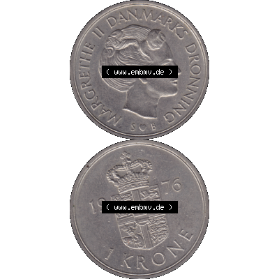 Alte Münze aus Dänemark als PNG-Grafik 1973-1989, 1 Krone 1976-01. Vorderseite und Rückseite vertikal auf einen digitalen Bild der alten dänischen Umlaufmünze aus... Sammlung