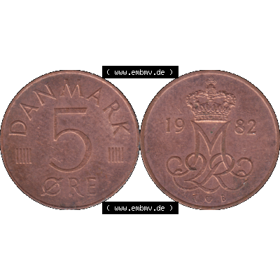 Alte Münze aus Dänemark als PNG-Grafik 1982-1988, 5 Öre 1982 Kursmünzen-01. Vorderseite und Rückseite horizontal auf einen digitalen Bild der alten dänischen... Sammlung
