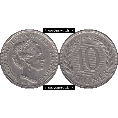 Alte Münze aus Dänemark als PNG-Grafik 1979-1988, 10 Kronen 1979-01. Vorderseite und Rückseite horizontal auf einen digitalen Bild der alten dänischen Umlaufmünze... Sammlung