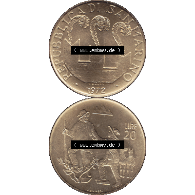 Bildmaterial in PNG-Grafiken Münzensatz / KMS 1972 aus San Marino 1972-1972, Münze 20 Lire, 1972, MONASSI REPUBBLICA DI SAN MARINO. Die digitalisierte Münze... Sammlung