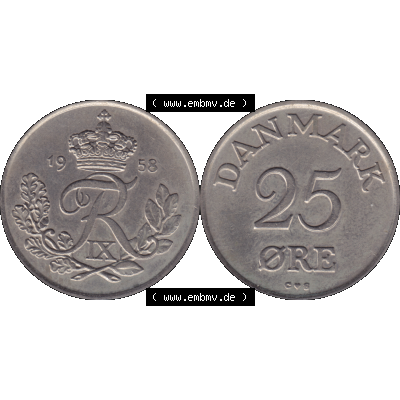 Alte Münze aus Dänemark als PNG-Grafik 1948-1960, 25 Öre 1958-01. Vorderseite und Rückseite horizontal auf einen digitalen Bild der alten dänischen Umlaufmünze... Sammlung