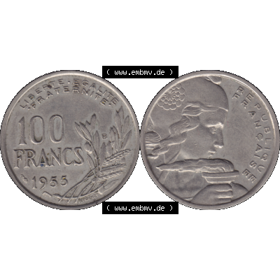 Münzen Frankreich Umlaufmünze 1954-1958; 100 Francs, Franken Typ I. 1955-01. Vorderseite und Rückseite horizontal auf einen digitalen Bild der alten französischen... Sammlung
