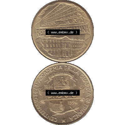 Bildmaterial einer Münze aus Italien / Italia als PNG-Grafik 1996-1996, 200 Lire Zollakademie 1996-01. Vorderseite und Rückseite vertikal untereinander auf einen digitalen Bild... Sammlung