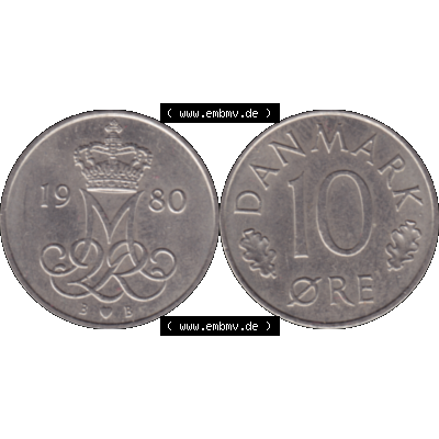 Alte Münze aus Dänemark als PNG-Grafik 1973-1988, 10 Öre 1980-01. Vorderseite und Rückseite horizontal auf einen digitalen Bild der alten dänischen Umlaufmünze... Sammlung