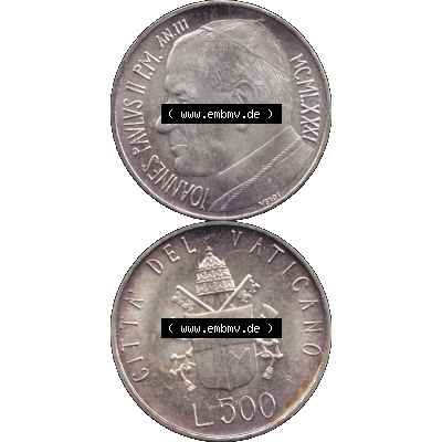 Alte Münze aus der Vatikanstadt / Vatikan als PNG-Grafik 1981-1981, 500 Lire Silbermünze Papst Johannes Paul II. 1981-01. Vorderseite und Rückseite vertikal auf einen... Sammlung