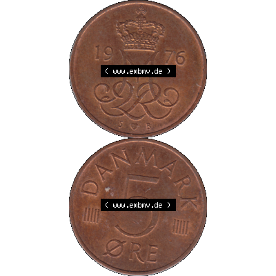 Alte Münze aus Dänemark als PNG-Grafik 1973-1988, 5 Öre 1976-01. Vorderseite und Rückseite vertikal auf einen digitalen Bild der alten dänischen Umlaufmünze aus... Sammlung