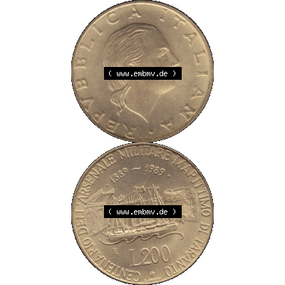 Bildmaterial einer Münze aus Italien / Italia als PNG-Grafik 1989-1989, 200 Lire Marinebasis Tarent 1989-01. Vorderseite und Rückseite vertikal untereinander auf einen digitalen... Sammlung
