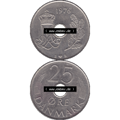 Alte Münze aus Dänemark als PNG-Grafik 1973-1988, 25 Öre 1976-01. Vorderseite und Rückseite vertikal auf einen digitalen Bild der alten dänischen Umlaufmünze... Sammlung