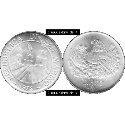 Bildmaterial Münzensatz / KMS 1974 aus San Marino in Graustufen 1974-1974, 50 Lire Silbermünze, L.500 MINGUZZI MONASSI INC. Graustufen. PNG Computer-Grafik... Sammlung