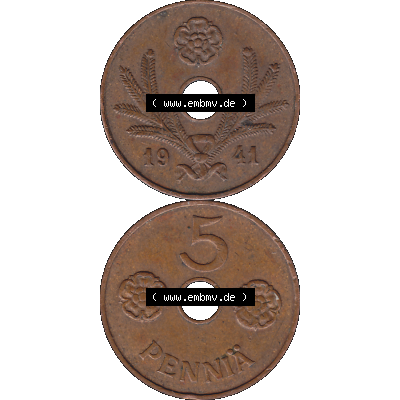 Alte Münzen KMS Finnland, Kursmünzensatz Finnland in transparenten digitalen PNG-Format 1941-1943, 5 Penny, Penniä, Kupfer 1941-1. Die digitalisierte Münze... Sammlung