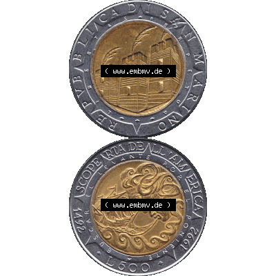 Gedenkmünzen aus San Marino, in PNG 1992-1992, 500 Lire Columbus 1992-01. Vorderseite und Rückseite vertikal auf einen digitalen Bild der alten Gedenkmünze aus San Marino... Sammlung