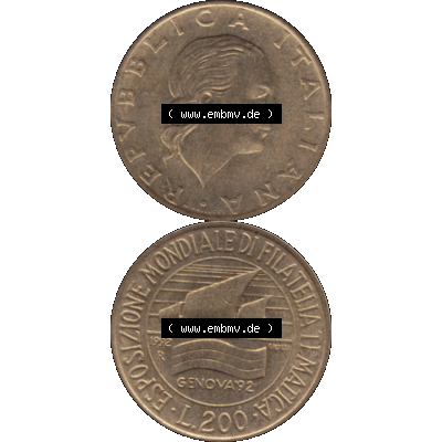 Bildmaterial einer Münze aus Italien / Italia als PNG-Grafik 1992-1992, 200 Lire Briefmarkenausstellung in Genua 1992-01. Vorderseite und Rückseite vertikal untereinander auf... Sammlung