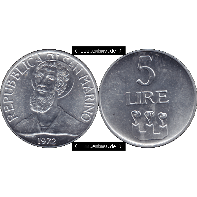 Bildmaterial in PNG-Grafiken Münzensatz / KMS 1972 aus San Marino 1972-1972, Münze 5 Lire, 1972, LIRE MONASSI REPUBBLICA DI SAN MARINO. Die digitalisierte Münze... Sammlung