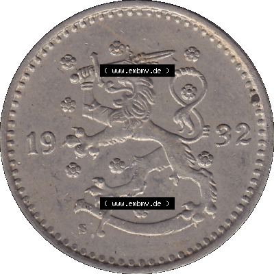 Alte Münzen KMS Finnland, Kursmünzensatz in PNG Design einer finnischen Münze 1928-1940, 1 finnische Mark, Markka 1932. Vorderseite einer Münze in transparenten... Sammlung