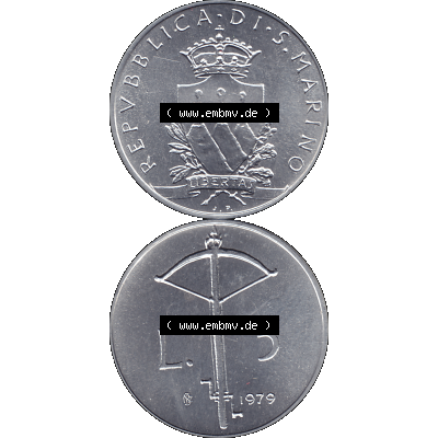 Bildmaterial Münzensatz / KMS 1979 aus San Marino im PNG-Format 1979-1979, 5 Lire, LIBERTAS REPVBBLICA DI S. MARINO, 1979 L.5. Vorderseite und Rückseite... Sammlung