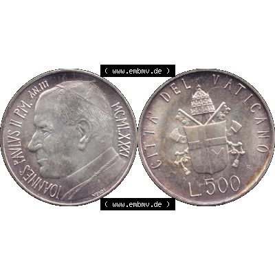 Alte Münze aus der Vatikanstadt / Vatikan als PNG-Grafik 1981-1981, 500 Lire Silbermünze Papst Johannes Paul II. 1981-01. Vorderseite und Rückseite horizontal auf... Sammlung