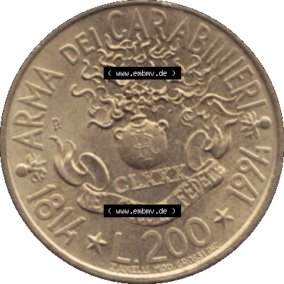 Bildmaterial einer Münze aus Italien / Italia als PNG-Grafik 1994-1994, 200 Lire 180 Jahre Carabinieri 1994-01. Rückseite einer alten italienischen 200 Lire Gedenkmünze,... Sammlung