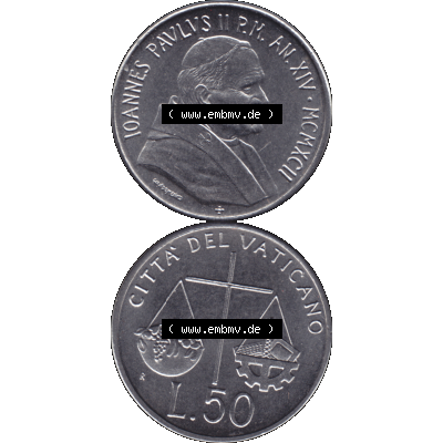 Alte Münze aus der Vatikanstadt / Vatikan als PNG-Grafik 1992-1992, 50 Lire Papst Giovanni Paolo II. 1992-01. Vorderseite und Rückseite vertikal auf einen digitalen Bild... Sammlung