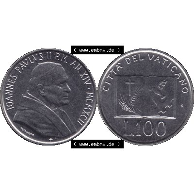 Alte Münze aus der Vatikanstadt / Vatikan als PNG-Grafik 1992-1992, 100 Lire Papst Giovanni Paolo II 1992-01. Vorderseite und Rückseite horizontal auf einen digitalen Bild der... Sammlung