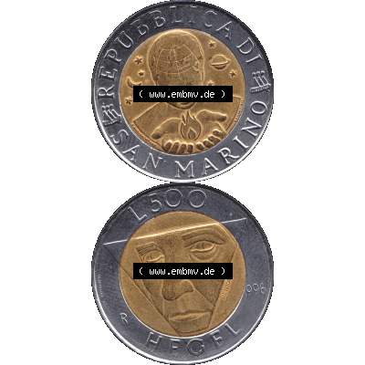 Gedenkmünzen aus San Marino, in PNG 1996-1996, 500 Lire Die Künste 1996-01. Vorderseite und Rückseite vertikal auf einen digitalen Bild der alten Gedenkmünze aus... Sammlung