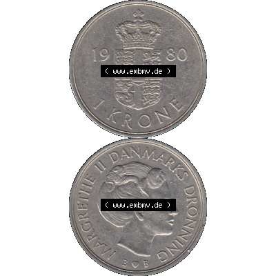 Alte Münze aus Dänemark als PNG-Grafik 1979-1981, 1 Krone 1980 Kursmünze-01. Vorderseite und Rückseite vertikal auf einen digitalen Bild der alten dänischen Umlaufmünze... Sammlung