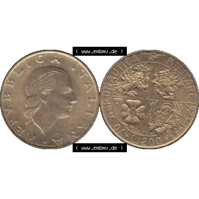 Bildmaterial einer Münze aus Italien / Italia als PNG-Grafik 1993-1993, 200 Lire Militärischen Luftfahrt 1993-01. Vorderseite und Rückseite horizontal auf einen digitalen... Sammlung