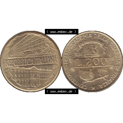Bildmaterial einer Münze aus Italien / Italia als PNG-Grafik 1996-1996, 200 Lire Zollakademie 1996-01. Vorderseite und Rückseite horizontal auf einen digitalen Bild einer alten... Sammlung