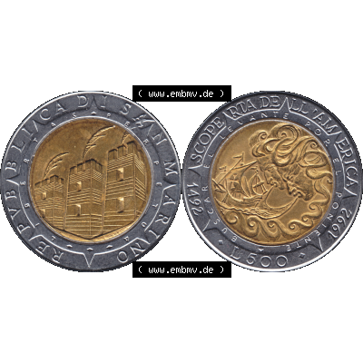 Gedenkmünzen aus San Marino, in PNG 1992-1992, 500 Lire Columbus 1992-01. Vorderseite und Rückseite horizontal auf einen digitalen Bild der alten Gedenkmünze aus San Marino... Sammlung