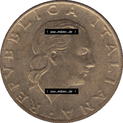 Bildmaterial einer Münze aus Italien / Italia als PNG-Grafik 1992-1992, 200 Lire Briefmarkenausstellung in Genua 1992-01. Vorderseite einer alten italienischen 200 Lire Gedenkmünze,... Sammlung