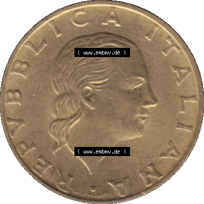 Bildmaterial einer Münze aus Italien / Italia als PNG-Grafik 1977-2001, 200 Lire, Zahnrad 1988-01. Vorderseite einer alten italienischen 200 Lire Gedenkmünze, Münze... Sammlung