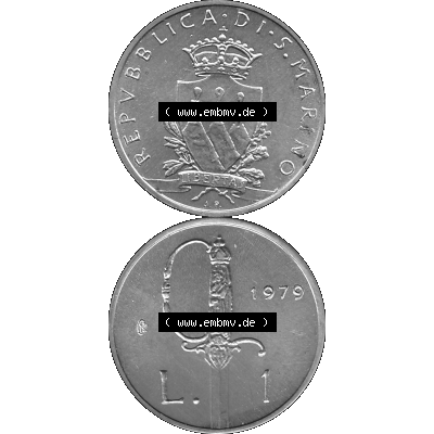 Bildmaterial Münzensatz / KMS 1979 aus San Marino in Graustufen 1979-1979, 1 Lira, 1 Lire, J. V. LIBERTAS REPVBBLICA DI S. MARINO, 1979 L.1... Sammlung
