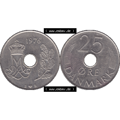 Alte Münze aus Dänemark als PNG-Grafik 1973-1988, 25 Öre 1976-01. Vorderseite und Rückseite horizontal auf einen digitalen Bild der alten dänischen Umlaufmünze... Sammlung