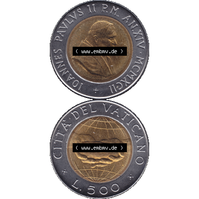 Alte Münze aus der Vatikanstadt / Vatikan als PNG-Grafik 1992-1992, 500 Lire Papst Giovanni Paolo II. 1992-01. Vorderseite und Rückseite vertikal auf einen digitalen Bild... Sammlung