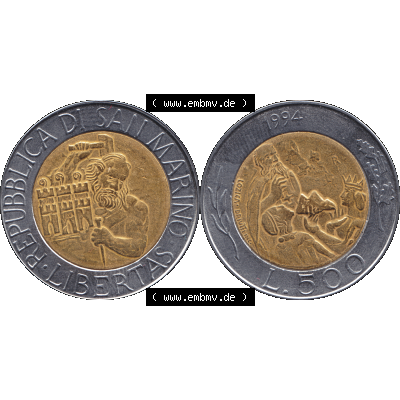 Gedenkmünzen aus San Marino, in PNG 1994-1994, 500 Lire Steinmetz mit Hammer und Meißel Rauchtürme -1994-01. Vorderseite und Rückseite horizontal auf einen digitalen... Sammlung