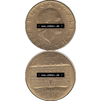 Bildmaterial einer Münze aus Italien / Italia als PNG-Grafik 1990-1990, 200 Lire Gründung von Staatsrat 1990-01. Vorderseite und Rückseite vertikal untereinander auf einen... Sammlung