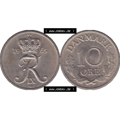 Alte Münze aus Dänemark als PNG-Grafik 1960-1972, 10 Öre 1965-01. Vorderseite und Rückseite horizontal auf einen digitalen Bild der alten dänischen Umlaufmünze... Sammlung