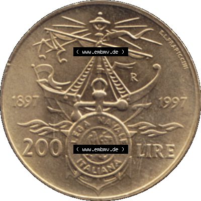 Bildmaterial einer Münze aus Italien / Italia als PNG-Grafik 1997-1997, 200 Lire Italienische Meeresliga 1997-01. Rückseite einer alten italienischen 200 Lire Gedenkmünze,... Sammlung