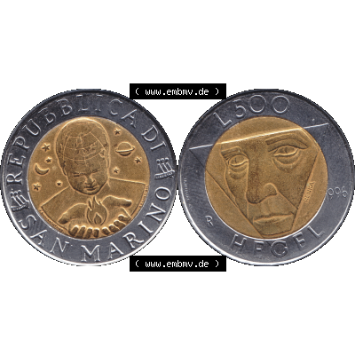 Gedenkmünzen aus San Marino, in PNG 1996-1996, 500 Lire Die Künste 1996-01. Vorderseite und Rückseite horizontal auf einen digitalen Bild der alten Gedenkmünze aus... Sammlung