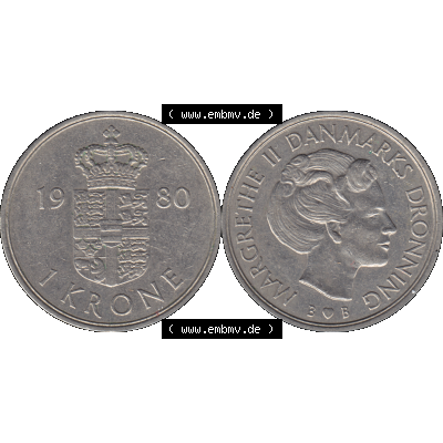 Alte Münze aus Dänemark als PNG-Grafik 1979-1981, 1 Krone 1980 Kursmünze-01. Vorderseite und Rückseite horizontal auf einen digitalen Bild der alten dänischen Umlaufmünze... Sammlung