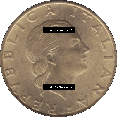 Bildmaterial einer Münze aus Italien / Italia als PNG-Grafik 1994-1994, 200 Lire 180 Jahre Carabinieri 1994-01. Vorderseite einer alten italienischen 200 Lire Gedenkmünze,... Sammlung